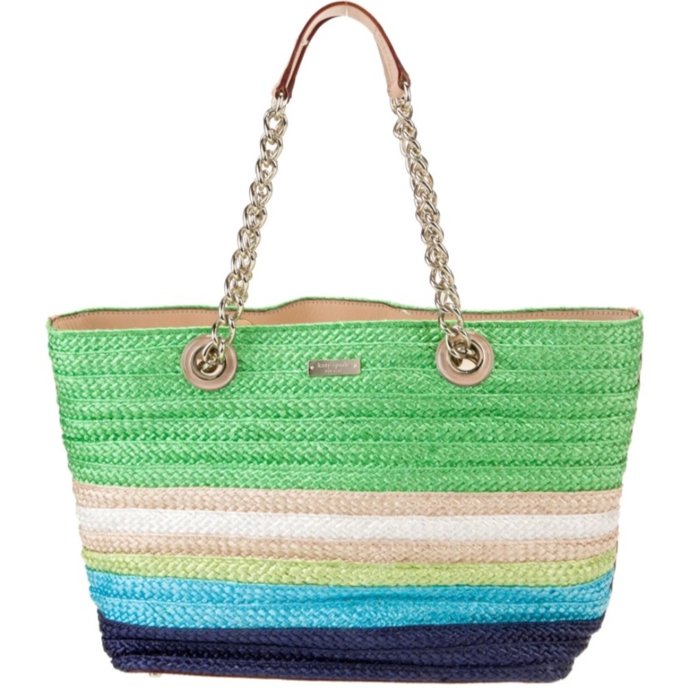 KATE SPADE NEW YORK “Chelsea Market” Green Multicolor Stripe Straw Tote
